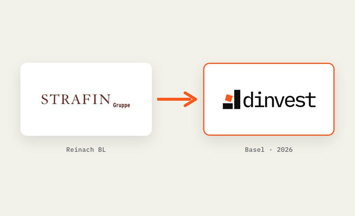 Graphic showing the Strafin Gruppe logo (Reinach BL), an arrow and the Dinvest logo (Basel, 2026).